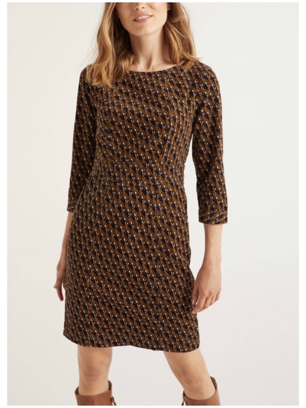Boden Women’s Sz 6 Petite Brown Corduroy Dress Coraline Bunny Hare Print Stretch